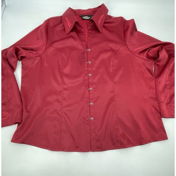 Vintage 90s Harley Davidson Red Satin‎ Flame Embroidered Clasp Sexy Top Size 2W - Picture 1 of 15